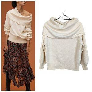 Anthropologie White Ivory Knitted Sweater Slouchy Cowl Neck Long Sleeve  XS